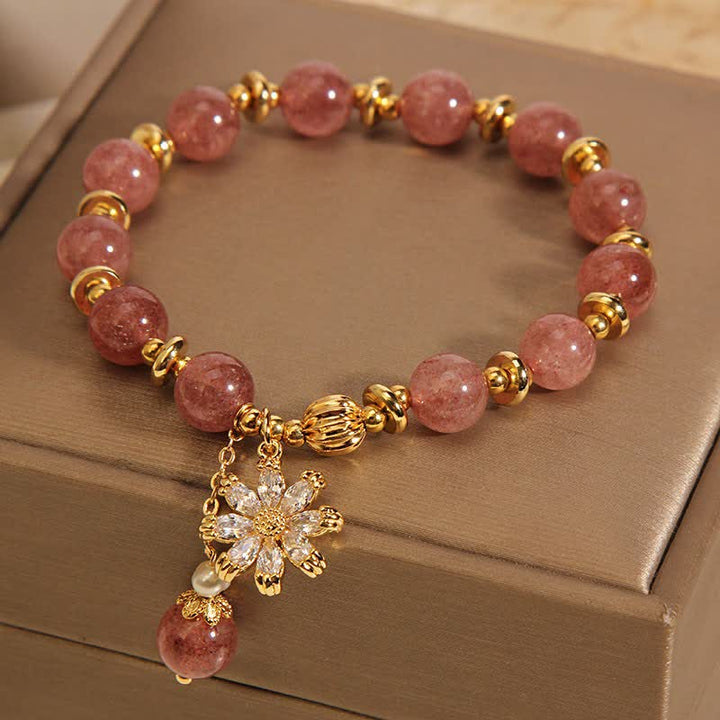 Buddha Stones Pulsera de perlas y cuarzo fresa con forma de margarita - image 3