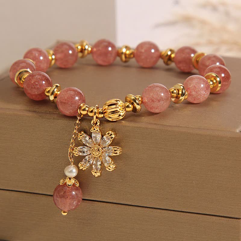 Buddha Stones Pulsera de perlas y cuarzo fresa con forma de margarita - image 1