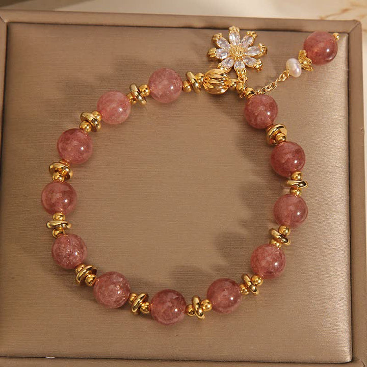 Buddha Stones Pulsera de perlas y cuarzo fresa con forma de margarita - image 4