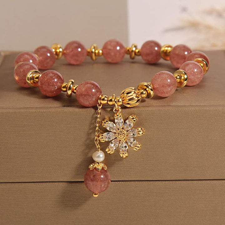 Buddha Stones Pulsera de perlas y cuarzo fresa con forma de margarita - Margarita (Circunferencia de la muñeca: 15-16 cm) - image 0