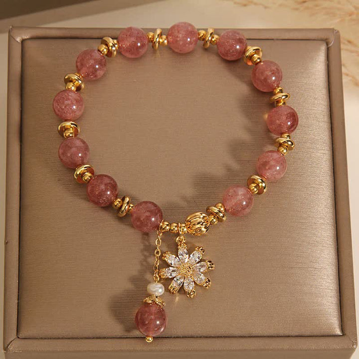 Buddha Stones Pulsera de perlas y cuarzo fresa con forma de margarita - image 2