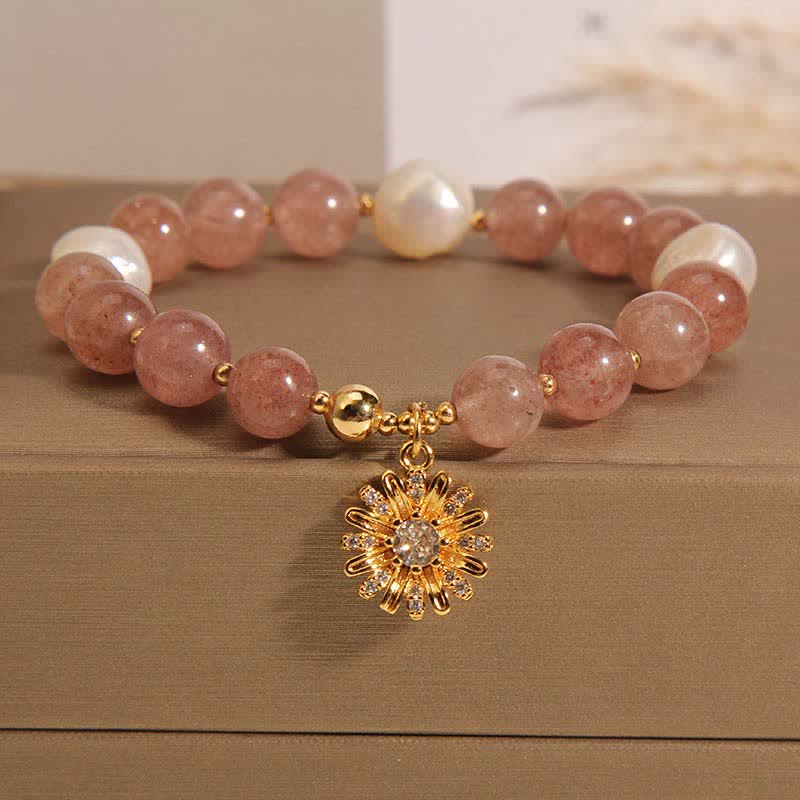 Buddha Stones Pulsera de perlas y cuarzo fresa con forma de margarita - Flor de margarita perlada (circunferencia de la muñeca: 15-16 cm) - image 9