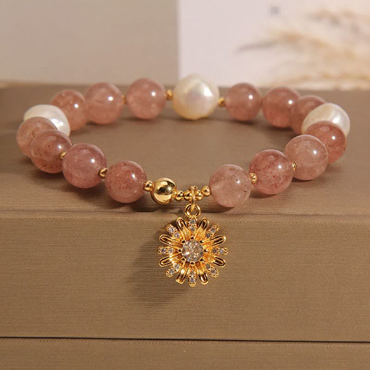 Buddha Stones Pulsera de perlas y cuarzo fresa con forma de margarita - Flor de margarita perlada (circunferencia de la muñeca: 15-16 cm) - image 9