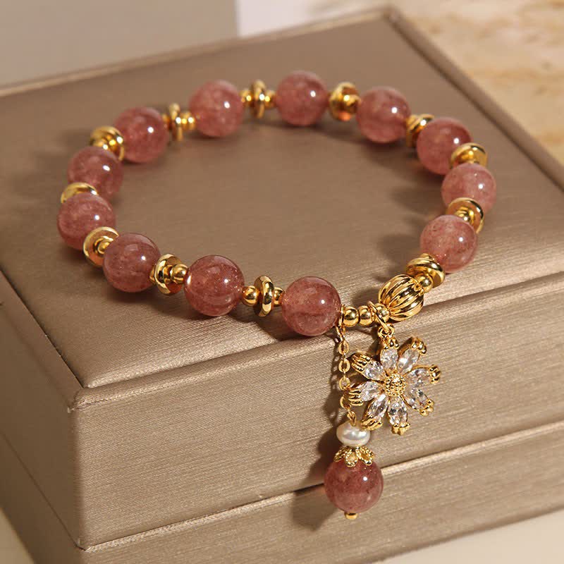 Buddha Stones Pulsera de perlas y cuarzo fresa con forma de margarita - image 8