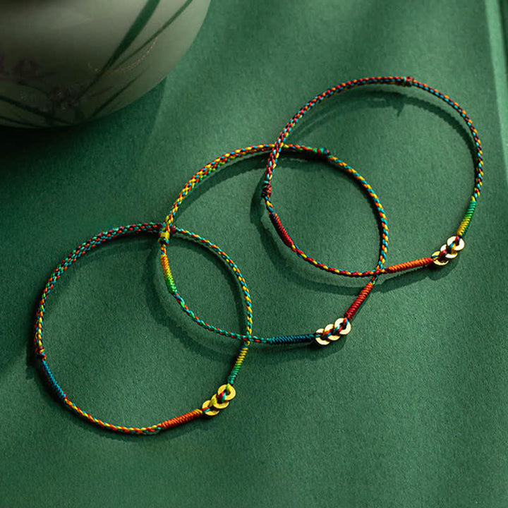 Buddha Stones Pulsera de la suerte tejida a mano con monedas de cobre y cordón multicolor rojo - image 16