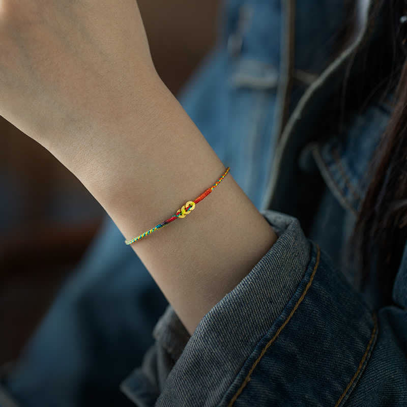 Buddha Stones Pulsera de la suerte tejida a mano con monedas de cobre y cordón multicolor rojo - image 8