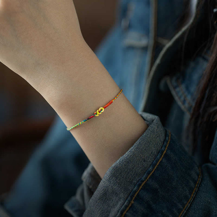 Buddha Stones Pulsera de la suerte tejida a mano con monedas de cobre y cordón multicolor rojo - image 8