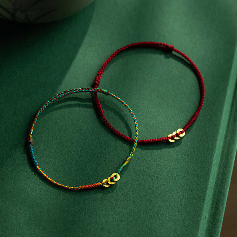 Buddha Stones Pulsera de la suerte tejida a mano con monedas de cobre y cordón multicolor rojo - image 15