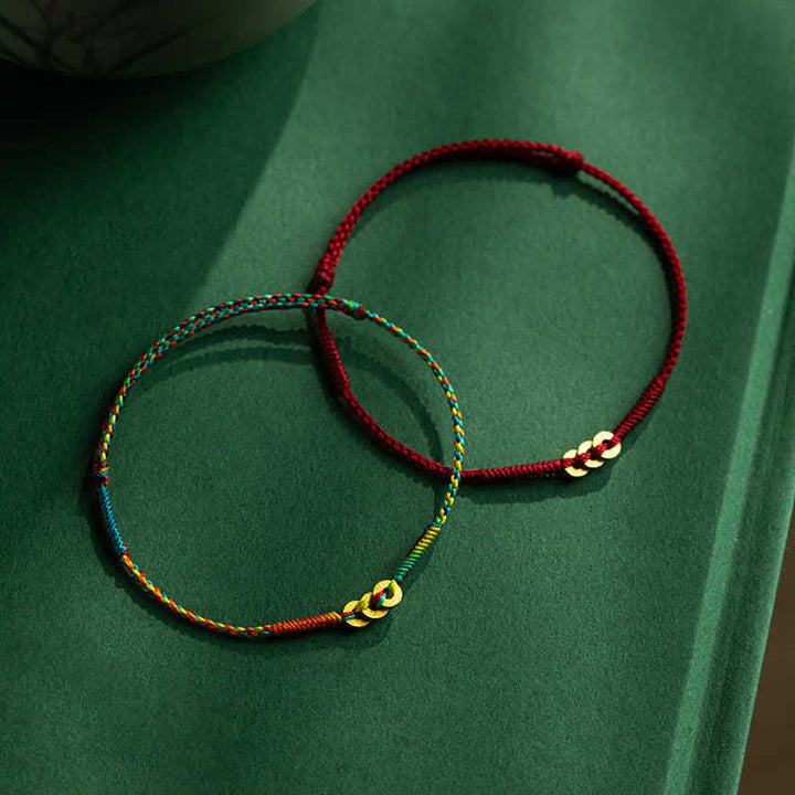 Buddha Stones Pulsera de la suerte tejida a mano con monedas de cobre y cordón multicolor rojo - image 15