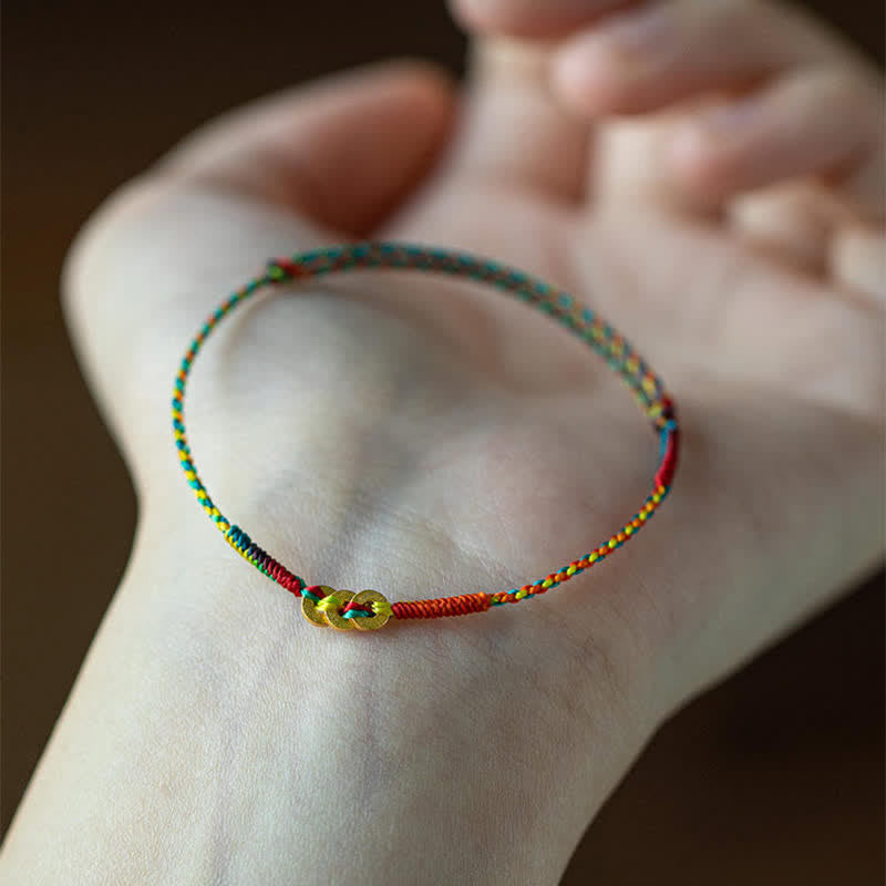Buddha Stones Pulsera de la suerte tejida a mano con monedas de cobre y cordón multicolor rojo - image 7
