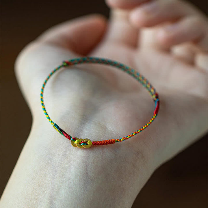 Buddha Stones Pulsera de la suerte tejida a mano con monedas de cobre y cordón multicolor rojo - image 7