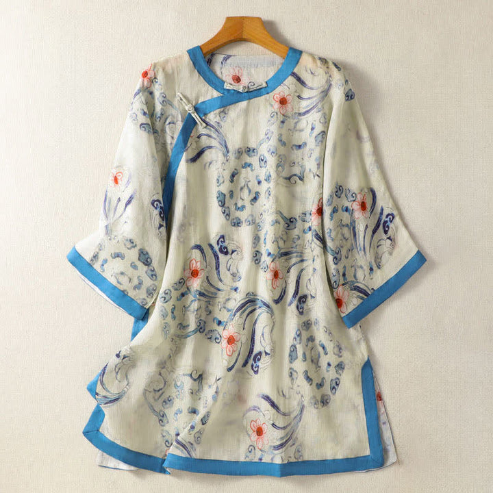 Buddha Stones Camisas de manga larga para mujer con estampado abstracto de botones de rana estilo vintage de Summer Tang - Blanco floral - US12, UK/AU16, EU44 (2XL) - image 0