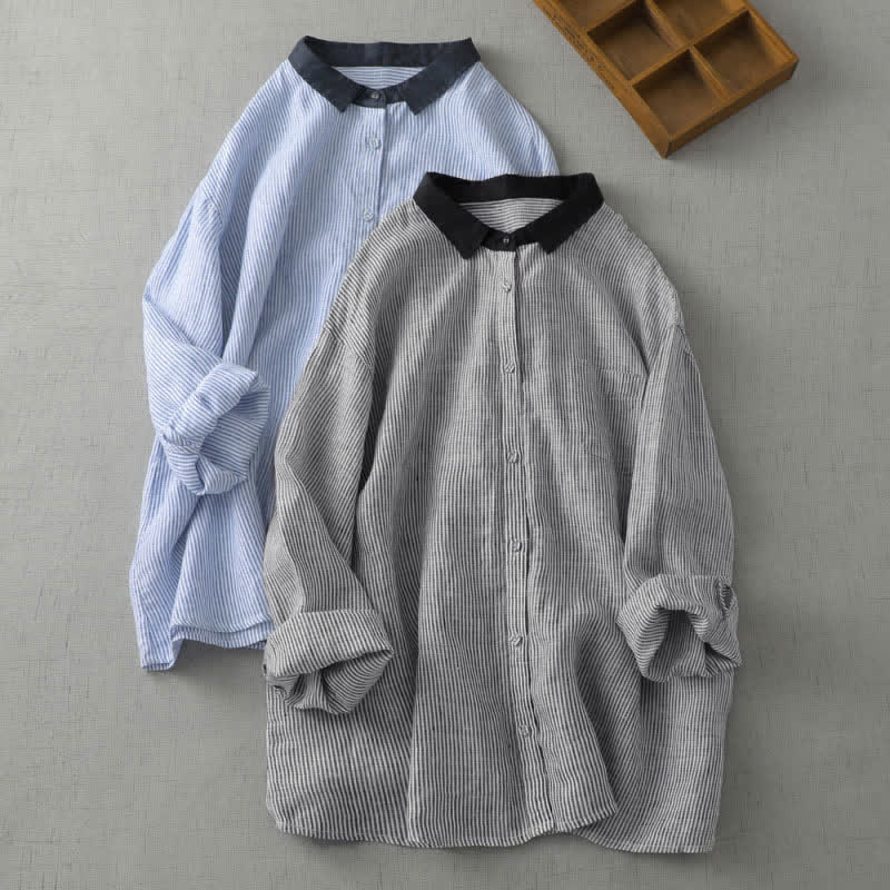 Buddha Stones Camisas de manga larga a rayas con botones y estilo Tang, estilo casual de verano para mujer, con bolsillo. - image 12