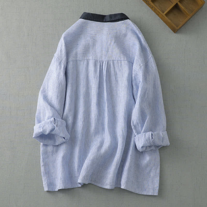 Buddha Stones Camisas de manga larga a rayas con botones y estilo Tang, estilo casual de verano para mujer, con bolsillo. - image 1