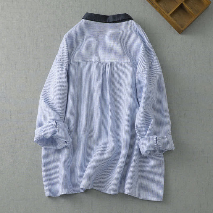 Buddha Stones Camisas de manga larga a rayas con botones y estilo Tang, estilo casual de verano para mujer, con bolsillo. - image 1