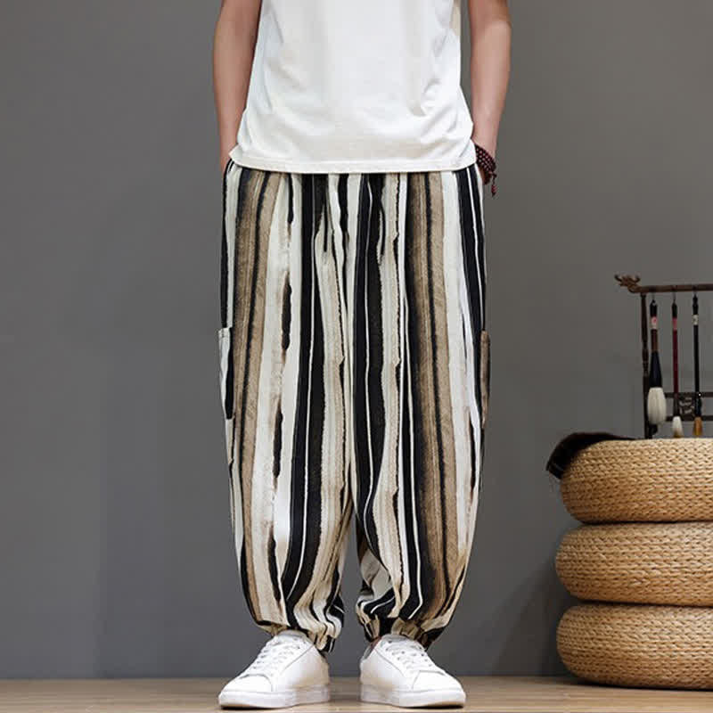 Buddha Stones Pantalones cortos de verano informales estilo boho con bolsillos de parche y rayas, pantalones harem para hombre con bolsillo. - image 9