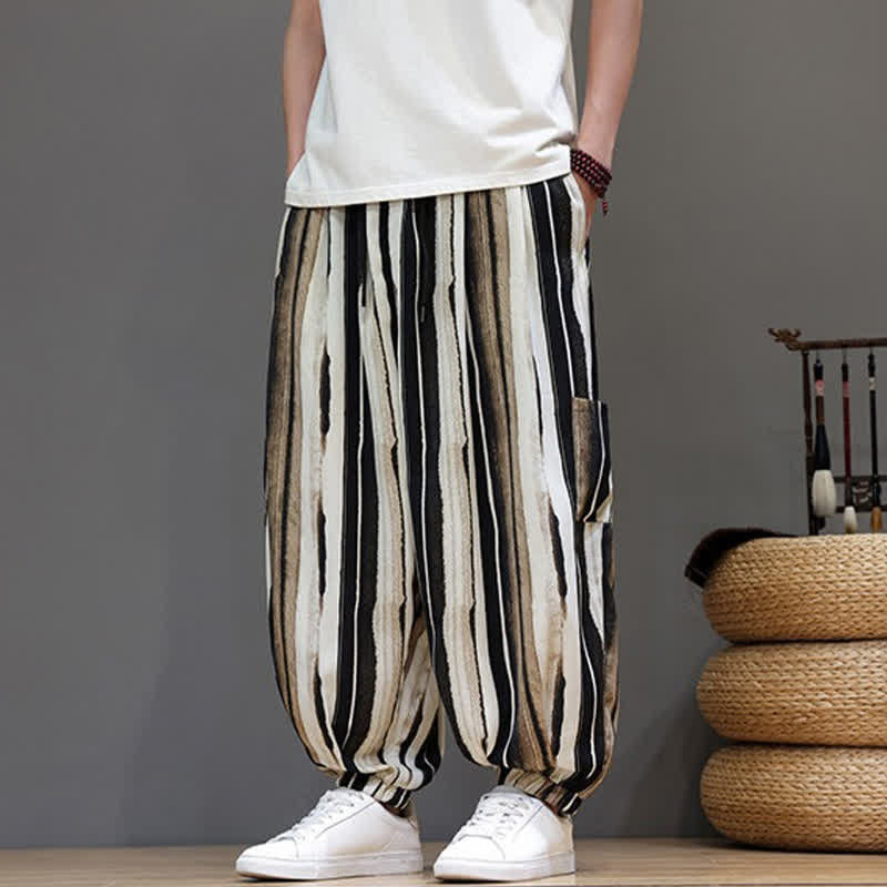 Buddha Stones Pantalones cortos de verano informales estilo boho con bolsillos de parche y rayas, pantalones harem para hombre con bolsillo. - Broncearse - US/UK/AU46, EU56 (5XL) - image 11