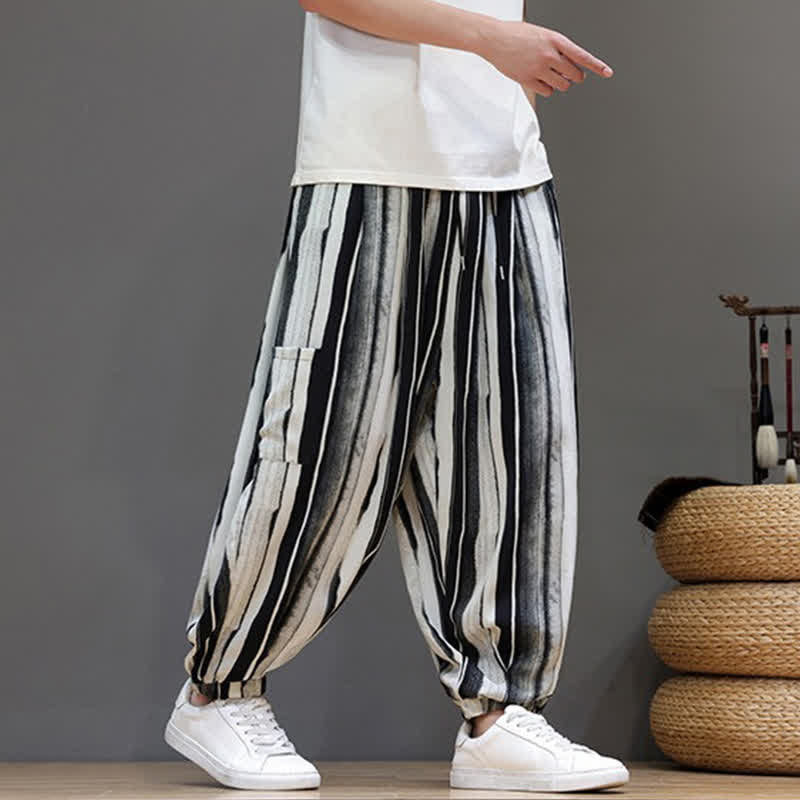 Buddha Stones Pantalones cortos de verano informales estilo boho con bolsillos de parche y rayas, pantalones harem para hombre con bolsillo. - image 7