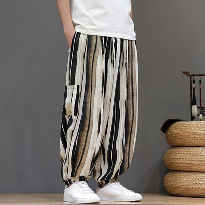 Buddha Stones Pantalones cortos de verano informales estilo boho con bolsillos de parche y rayas, pantalones harem para hombre con bolsillo. - image 15