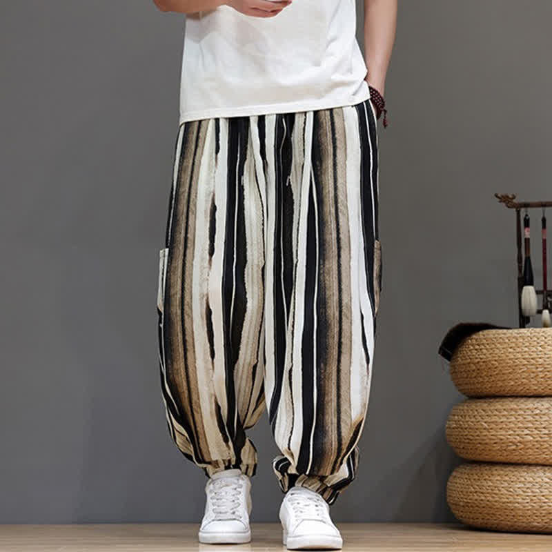Buddha Stones Pantalones cortos de verano informales estilo boho con bolsillos de parche y rayas, pantalones harem para hombre con bolsillo. - image 10