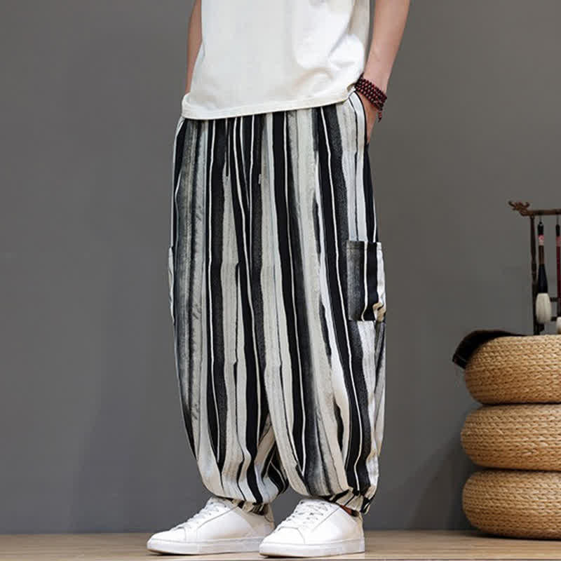Buddha Stones Pantalones cortos de verano informales estilo boho con bolsillos de parche y rayas, pantalones harem para hombre con bolsillo. - Negro - US/UK/AU46, EU56 (5XL) - image 3