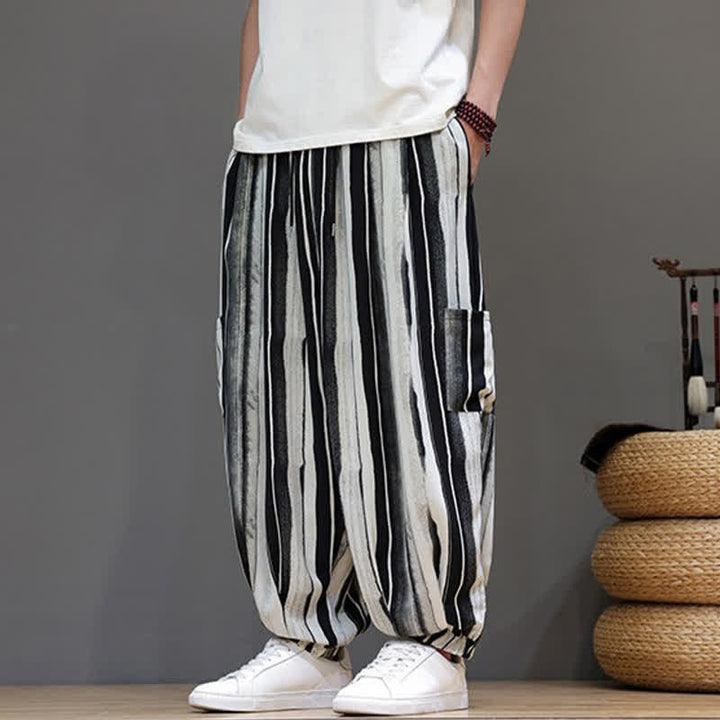 Buddha Stones Pantalones cortos de verano informales estilo boho con bolsillos de parche y rayas, pantalones harem para hombre con bolsillo. - Negro - US/UK/AU46, EU56 (5XL) - image 3