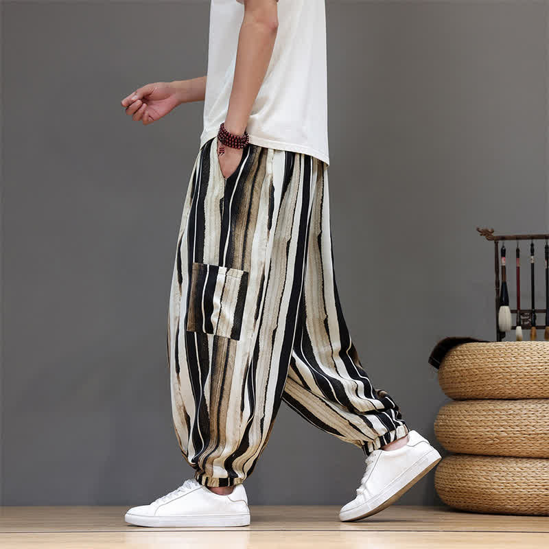 Buddha Stones Pantalones cortos de verano informales estilo boho con bolsillos de parche y rayas, pantalones harem para hombre con bolsillo. - image 13