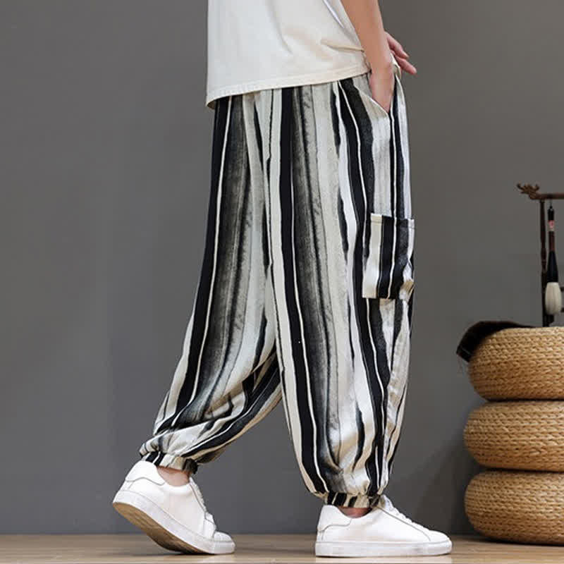Buddha Stones Pantalones cortos de verano informales estilo boho con bolsillos de parche y rayas, pantalones harem para hombre con bolsillo. - image 8