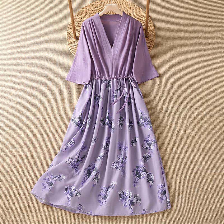 Buddha Stones Vestido de verano informal elegante con cordón ajustable y estampado floral, manga corta y bolsillo. - Cardo - US12, UK/AU16, EU44 (2XL) - image 0