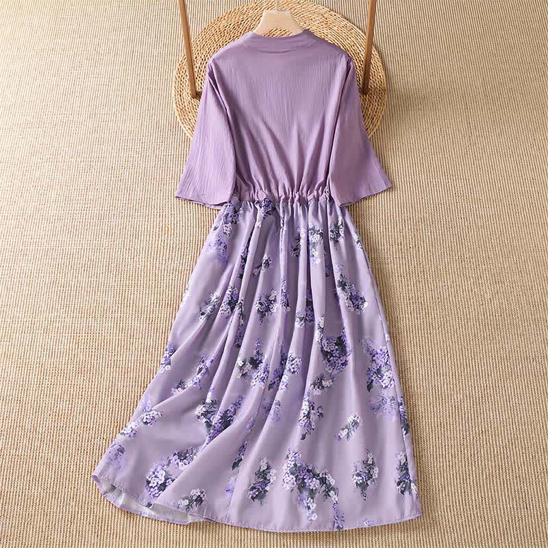 Buddha Stones Vestido de verano informal elegante con cordón ajustable y estampado floral, manga corta y bolsillo. - image 1