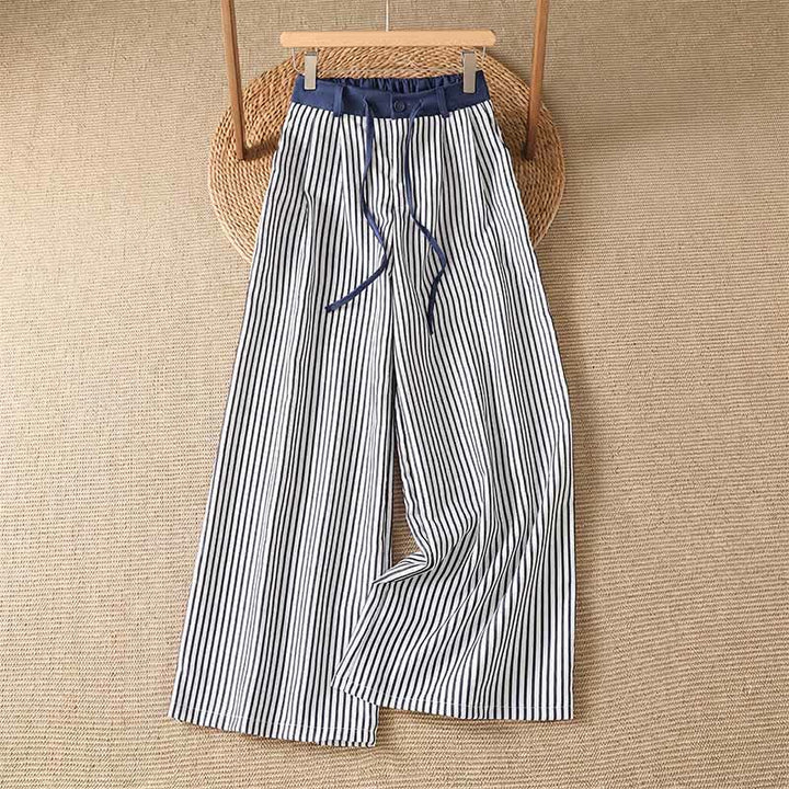 Buddha Stones Pantalones largos de verano informales con cordón ajustable y rayas, pantalones de pierna ancha para mujer con bolsillo. - Azul oscuro - US8-10, UK/AU12-14, EU40-42 (2XL) - image 0