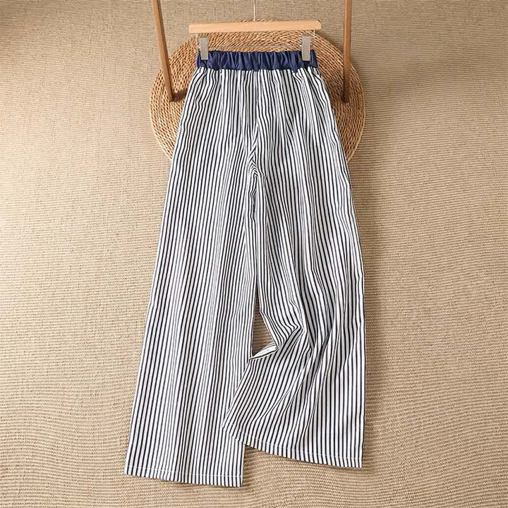 Buddha Stones Pantalones largos de verano informales con cordón ajustable y rayas, pantalones de pierna ancha para mujer con bolsillo. - image 1