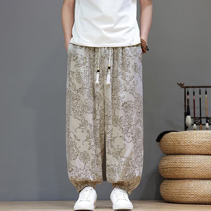 Buddha Stones Pantalones tobilleros florales de estilo vintage con cordón ajustable para hombre, estilo harem, con bolsillo. - image 1