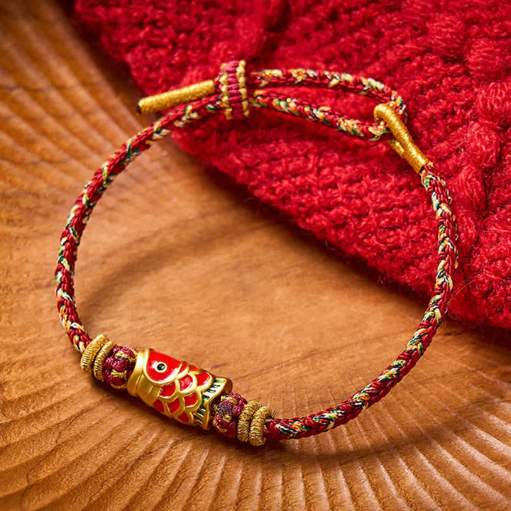Buddha Stones Pulsera de hilo tejida a mano con diseño de pez koi para la buena suerte - Granate con accesorio de pez koi - image 9