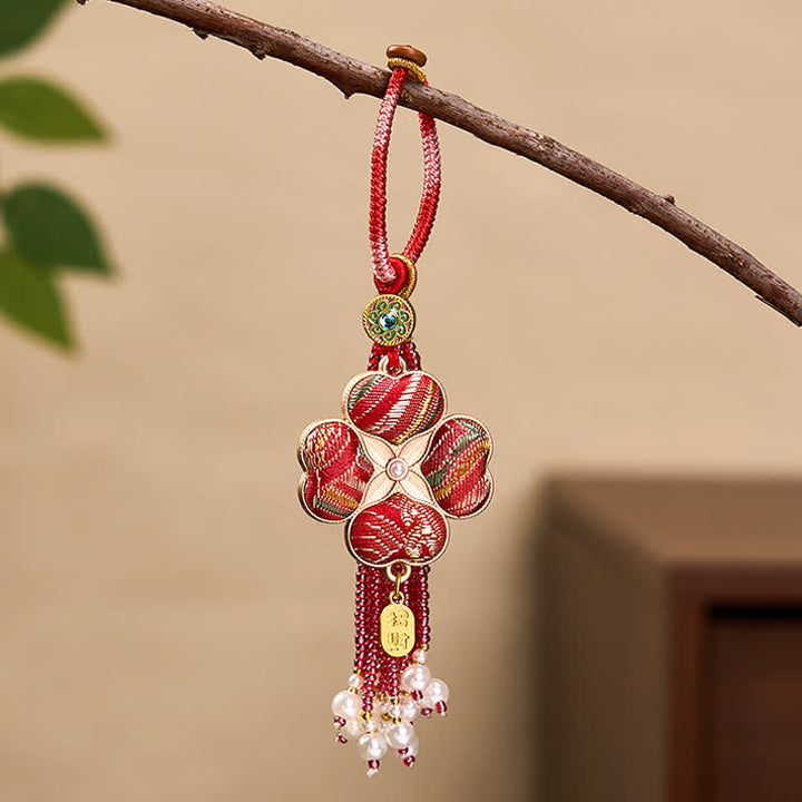 Buddha Stones Canción Brocado Trébol de cuatro hojas Personaje Fu Suerte Fortuna Riqueza Llaveros con borlas - Rojo - image 10