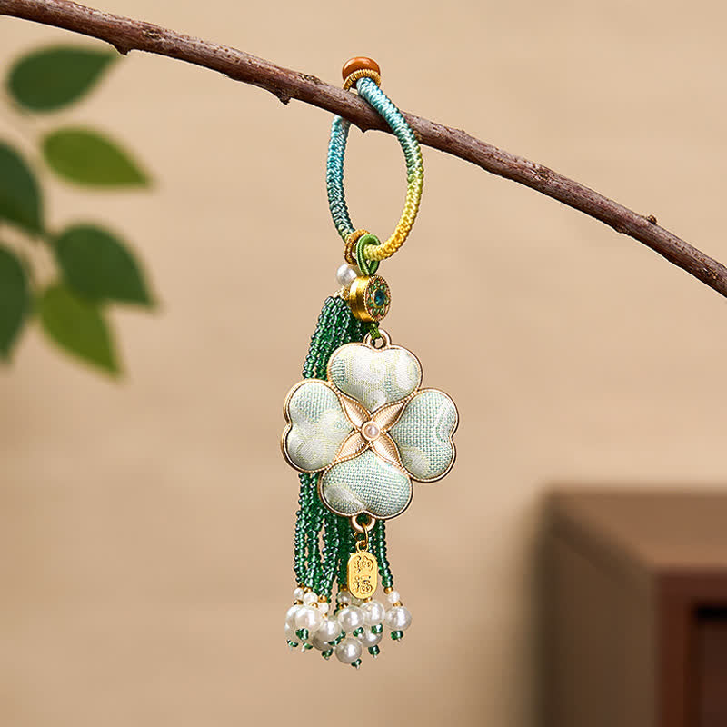 Buddha Stones Canción Brocado Trébol de cuatro hojas Personaje Fu Suerte Fortuna Riqueza Llaveros con borlas - Verde - image 0
