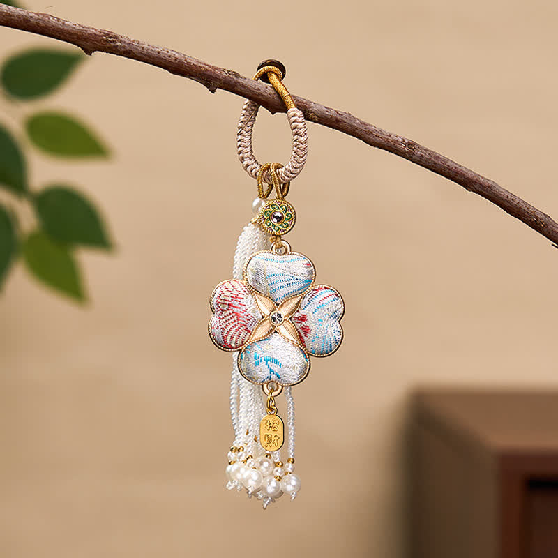 Buddha Stones Canción Brocado Trébol de cuatro hojas Personaje Fu Suerte Fortuna Riqueza Llaveros con borlas - Blanco - image 14
