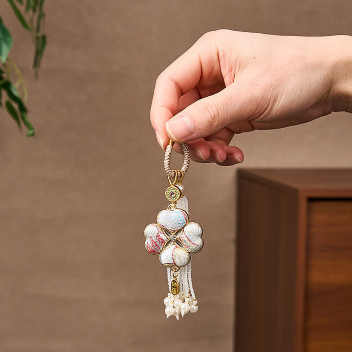 Buddha Stones Canción Brocado Trébol de cuatro hojas Personaje Fu Suerte Fortuna Riqueza Llaveros con borlas - image 16