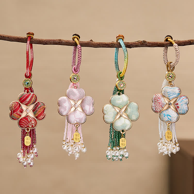 Buddha Stones Canción Brocado Trébol de cuatro hojas Personaje Fu Suerte Fortuna Riqueza Llaveros con borlas - image 18