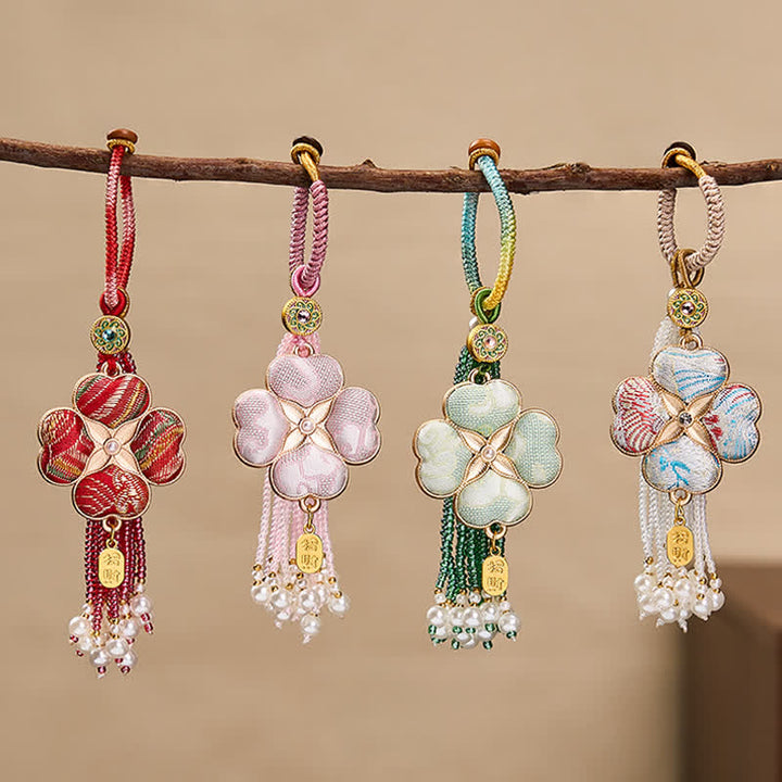 Buddha Stones Canción Brocado Trébol de cuatro hojas Personaje Fu Suerte Fortuna Riqueza Llaveros con borlas - image 18