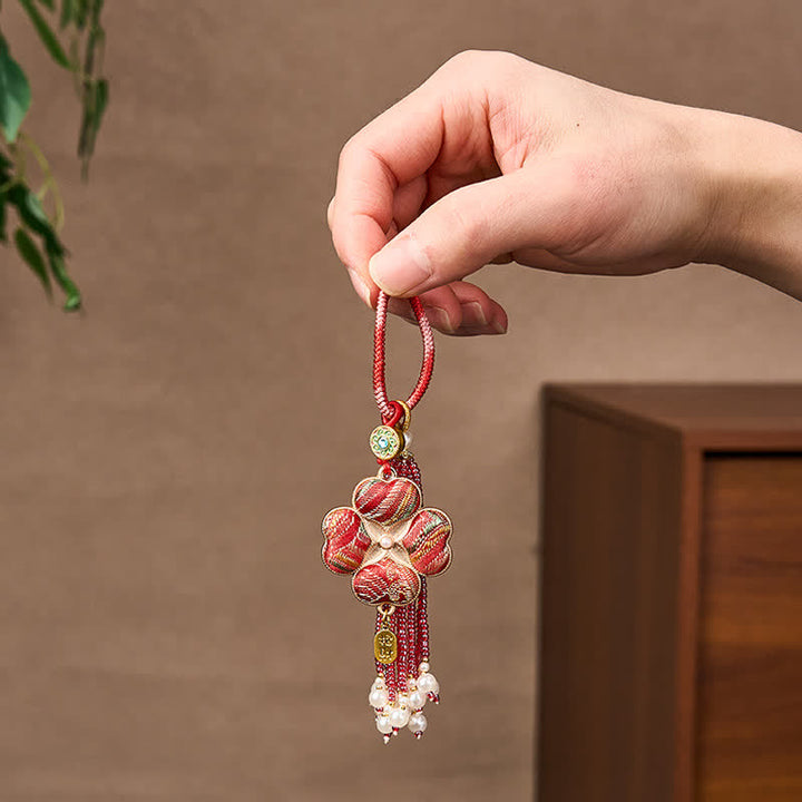 Buddha Stones Canción Brocado Trébol de cuatro hojas Personaje Fu Suerte Fortuna Riqueza Llaveros con borlas - image 12