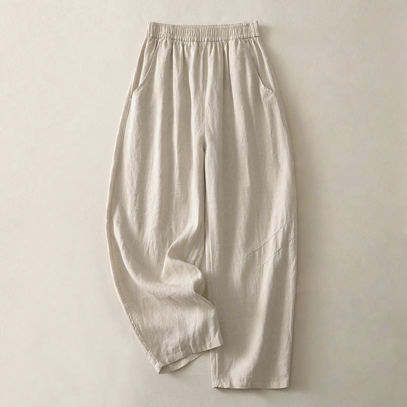 Pantalones de mujer de pierna ancha con bolsillos, color liso y cintura elástica, con estampado de Buddha Stones , ideales para el verano. - Beige - US8-10，UK/AU12-14，EU40-42 (2XL) - image 0