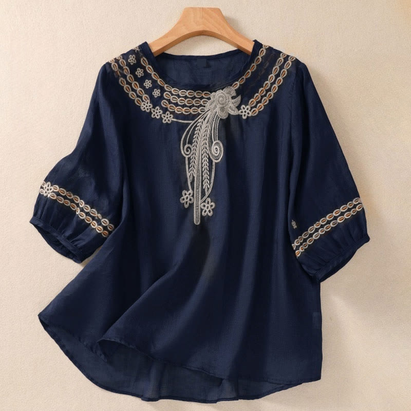 Camiseta de mujer con cuello redondo y mangas abullonadas, diseño floral liso y artístico de Buddha Stones. - Azul pizarra oscuro - US8-10，UK/AU12-14，EU40-42 (2XL) - image 0