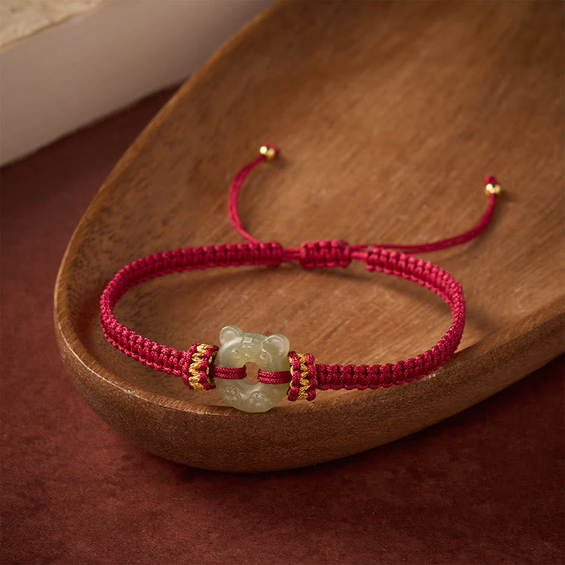 Buddha Stones Pulsera trenzada de hilo rojo con hebilla de paz y diseño de cabeza de tigre de jade - image 2