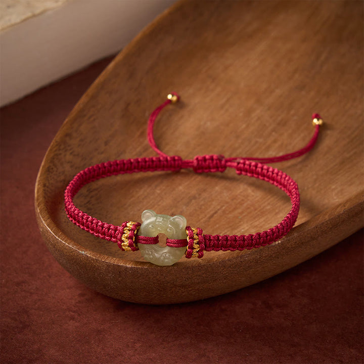 Buddha Stones Pulsera trenzada de hilo rojo con hebilla de paz y diseño de cabeza de tigre de jade - image 2