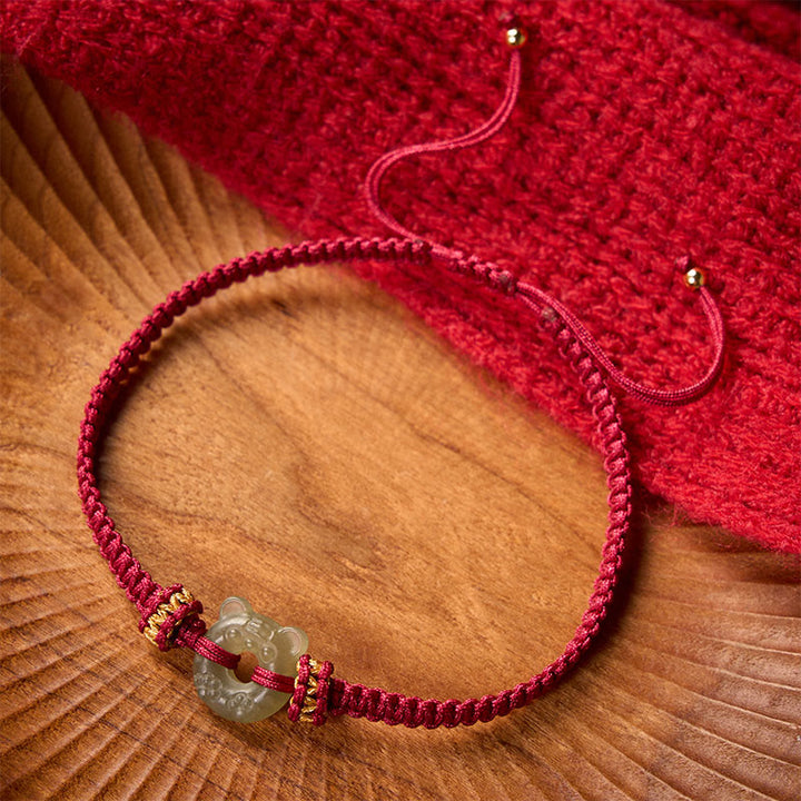 Buddha Stones Pulsera trenzada de hilo rojo con hebilla de paz y diseño de cabeza de tigre de jade - image 1