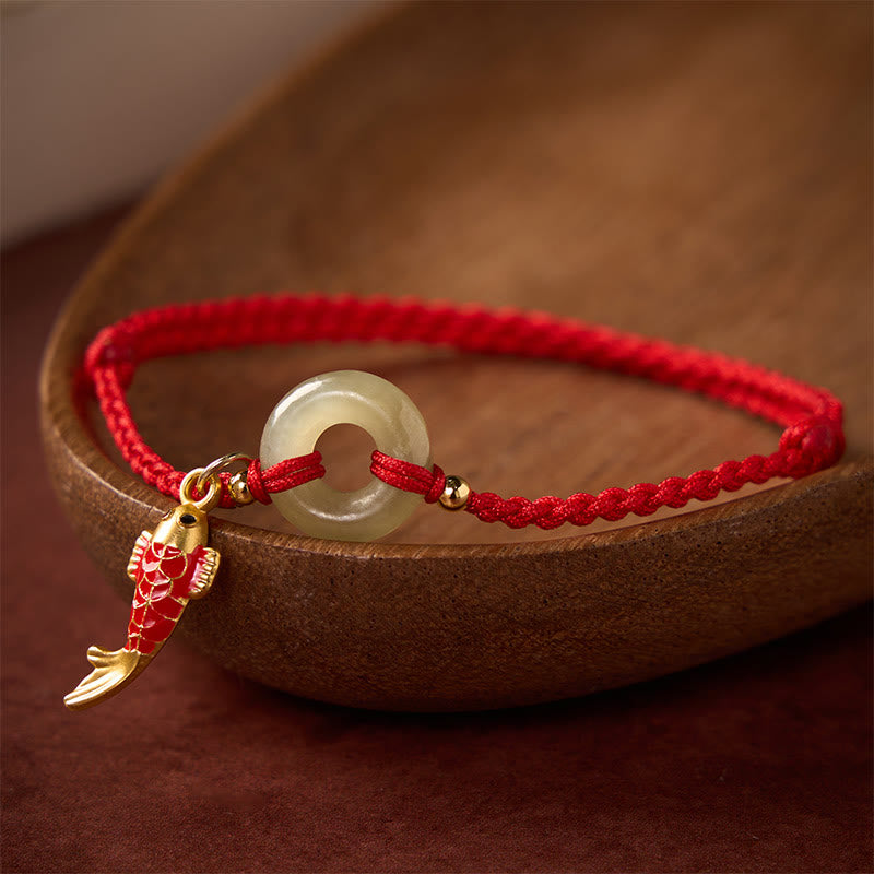 Buddha Stones Pulsera protectora con dije de pez koi, hebilla de la paz y cordón rojo de jade. - image 1