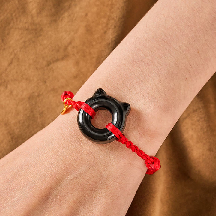 Buddha Stones Pulsera trenzada de protección con hebilla de paz y diseño de gato de obsidiana negra, personaje Fu, con cordón rojo. - image 4