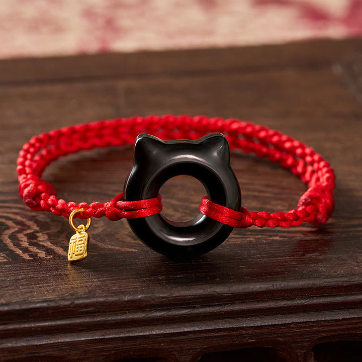 Buddha Stones Pulsera trenzada de protección con hebilla de paz y diseño de gato de obsidiana negra, personaje Fu, con cordón rojo. - Obsidiana negra (circunferencia de la muñeca: 17-18 cm) - image 0