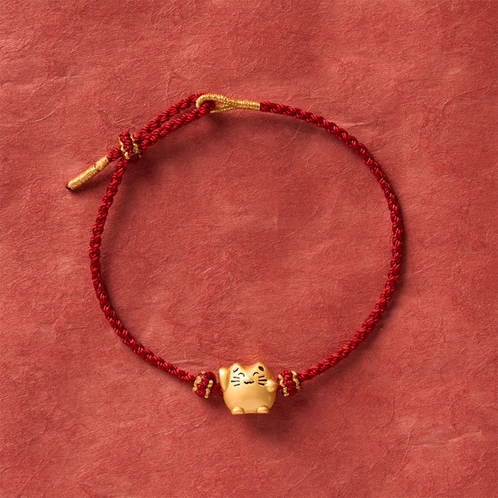 Buddha Stones Pulsera de energía protectora con forma de gato de la suerte de cobre y cuerda roja - image 3